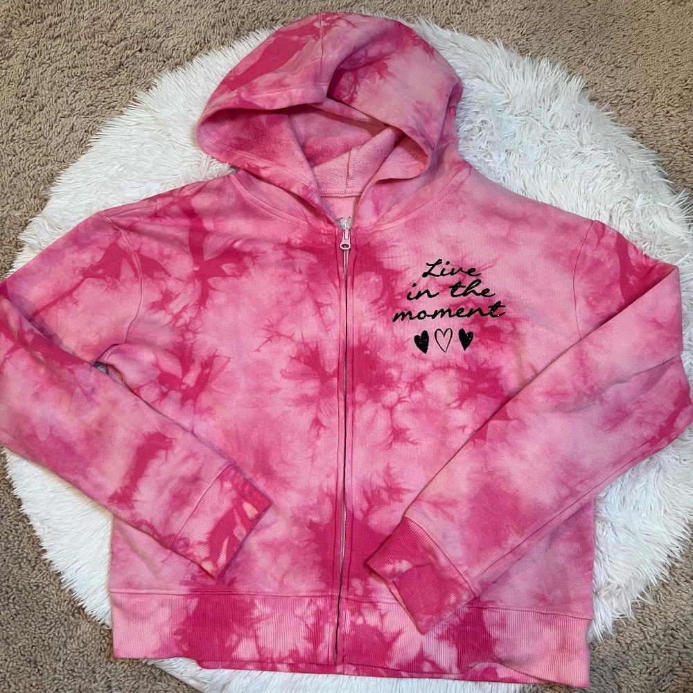 Girls Justice Pink and White Tie Dye Zip Hoodie | Size 14-16